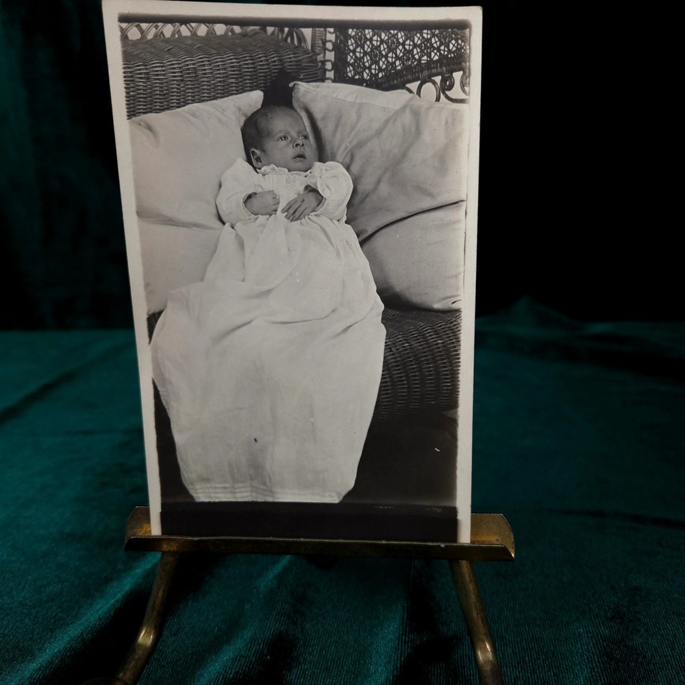 Vintage Real Photo Postcard Baby in Christening Gown on Wicker Chair